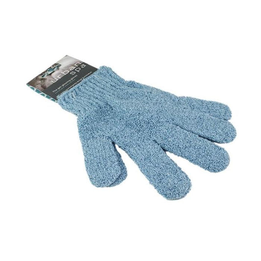 blue get glowing exfoliating bath glove on white background