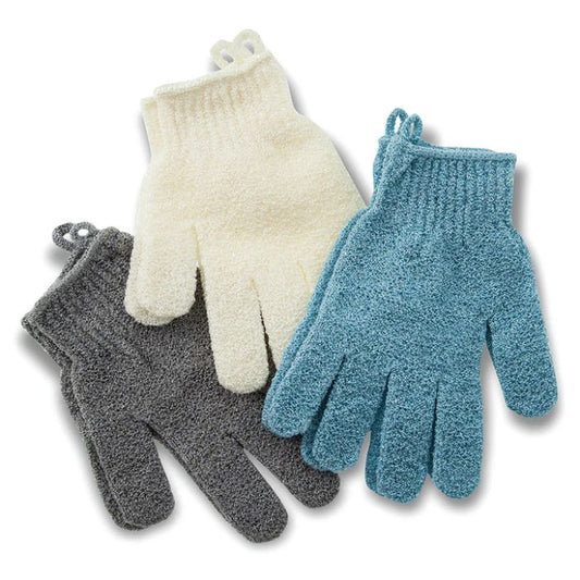 grey, white and blue get glowing exfoliating bath gloves on white background