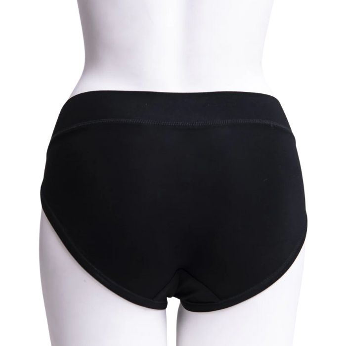 body of white female mannequin wearing black the hipster underwear back view on white background