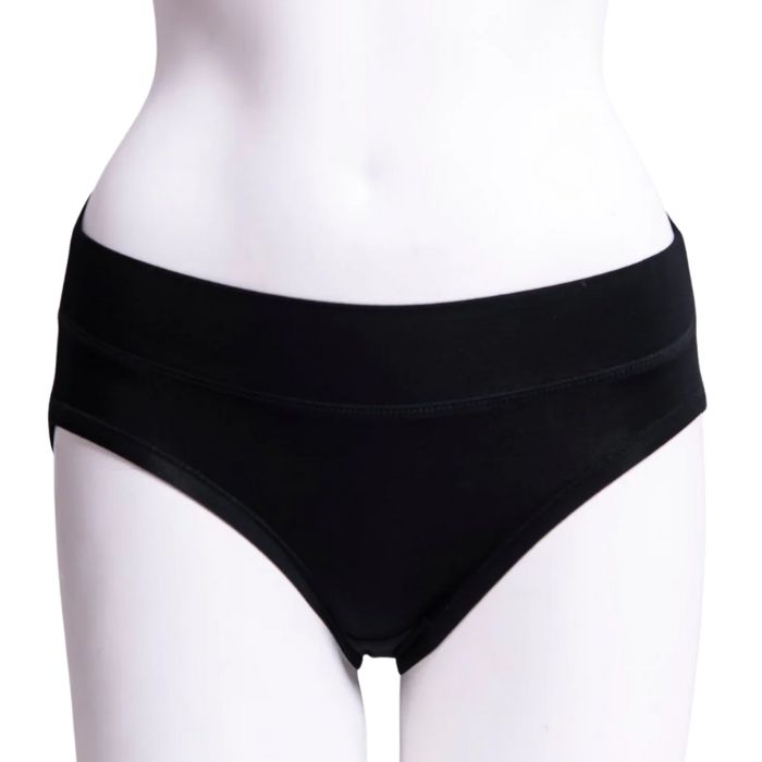 body of white female mannequin wearing black the hipster underwear front view on white background