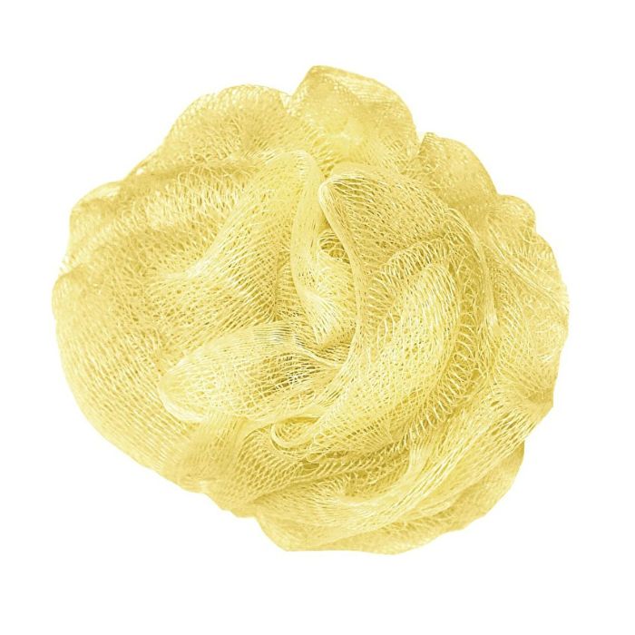 yellow loads of lather loofah front view on white background