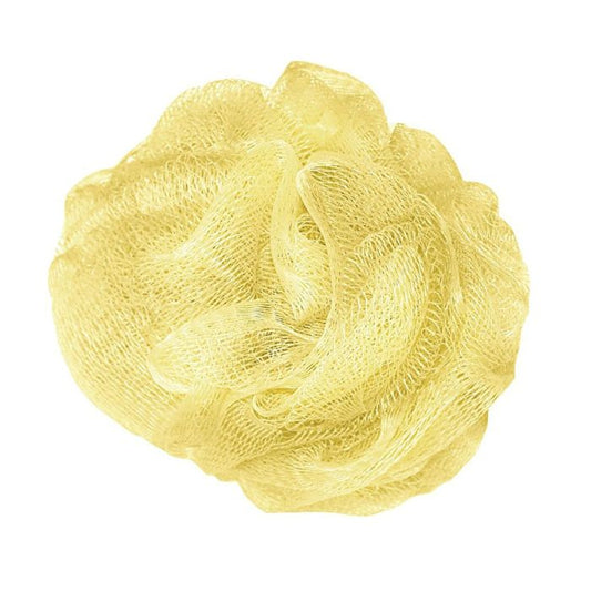 yellow loads of lather loofah front view on white background