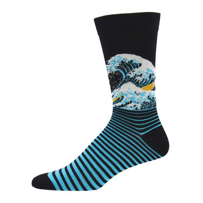 the wave sock black crew sock with giant wave and blue stripe print on white backgroun