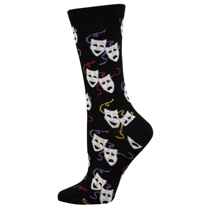 theater masks sock black sock with white drama masks and colourful ribbons print on white backround