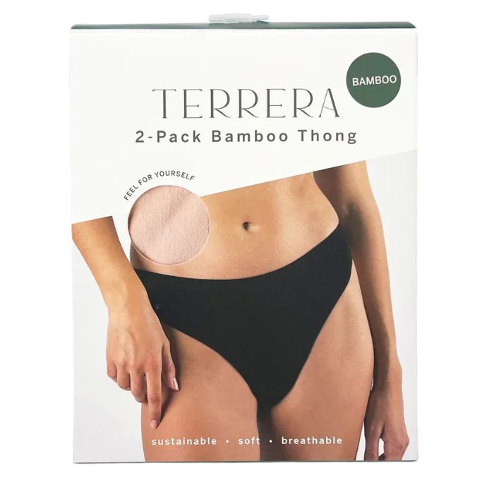 beige brown thong underwear package front view on white background