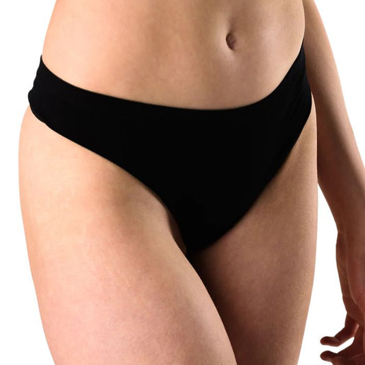 body of female model wearing black thong underwear front view on white background