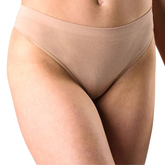 body of female model wearing beige thong underwear front view on white background