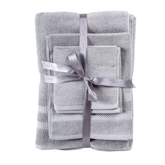 grey three piece towel set front view on white background