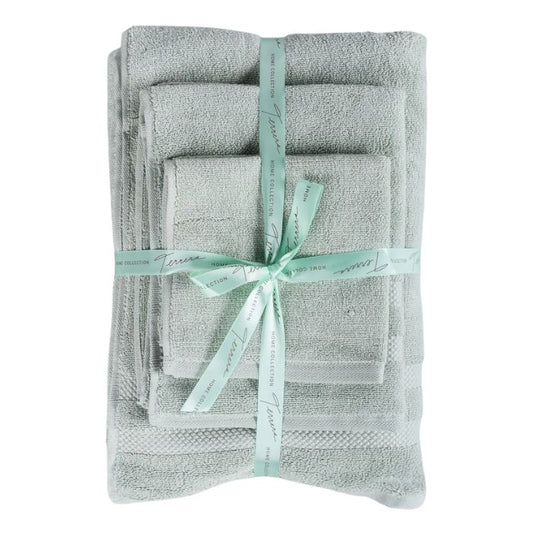 desert sage green three piece towel set front view on white background