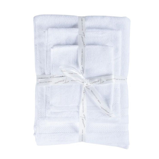 white three piece towel set front view on white background