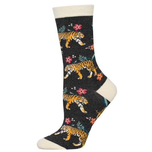 tiger florals sock charcoal grey sock with tigers and flowers print on white background