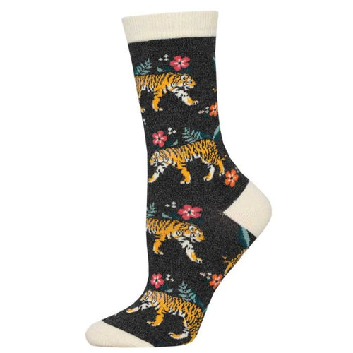tiger florals sock charcoal grey sock with tigers and flowers print on white background