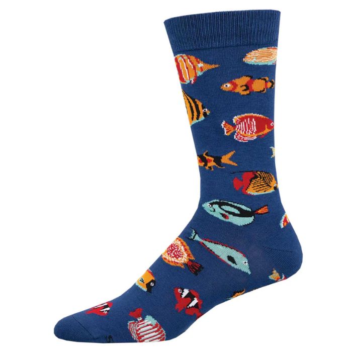 Tropical fish sock blue crew sock with Colorful tropical fish print on white background