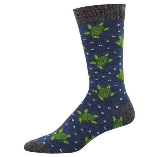 Turtle tales sock blue crew sock with little green turtles print on white background