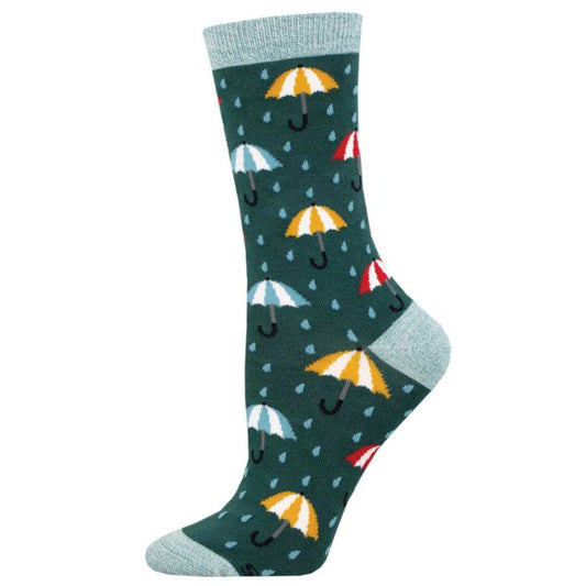umbrellas in the rain sock, green crew sock with colourful umbrella print on white background