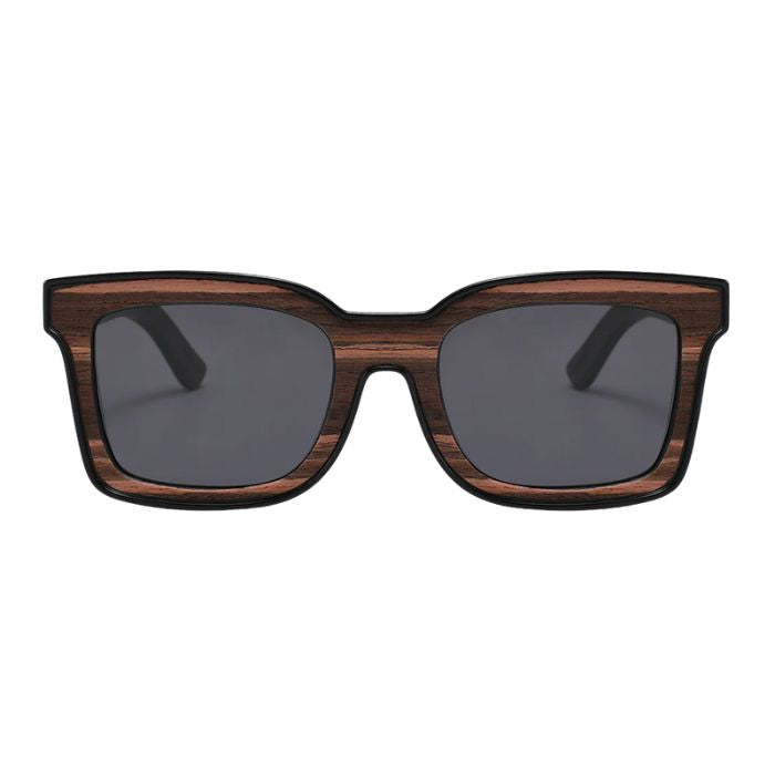 vancouver sunglasses wood inlay frames and black lenses front view on white background