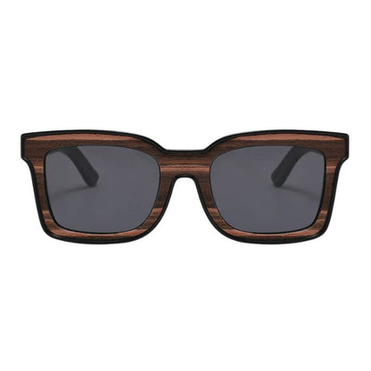 vancouver sunglasses wood inlay frames and black lenses front view on white background