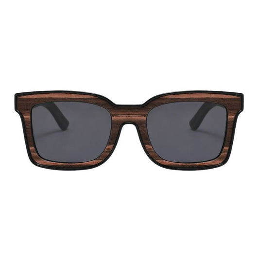 vancouver sunglasses wood inlay frames and black lenses front view on white background
