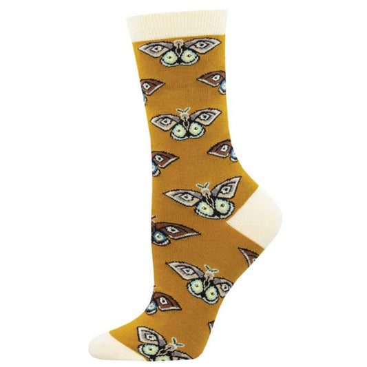 vintage moth sock gold yellow sock with moth bug print on white background