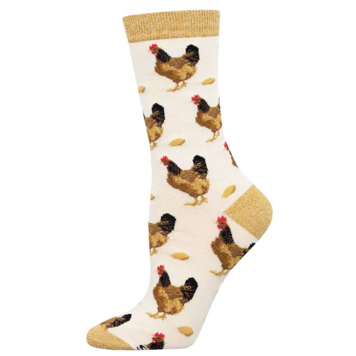Which came first sock ivory white sock with chicken and egg print on white background