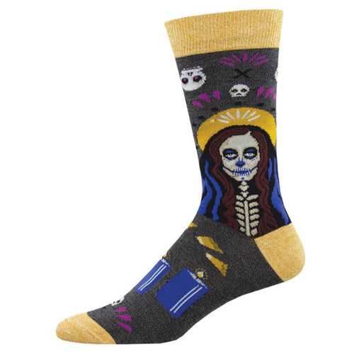 Wicked voodoo sock charcoal grey sock with skeleton and candle print on white background