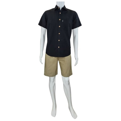 mannequin wearing taupe brown craig shorts and black will button-up shirt front view on white background