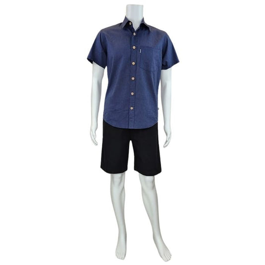 mannequin wearing black craig shorts and blue will button-up shirt front view on white background