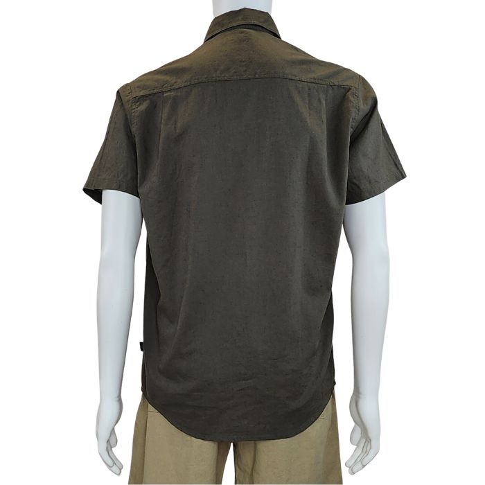 top of white mannequin wearing army green will button up shirt back view on white background