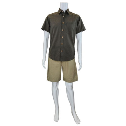 white mannequin wearing army green will button up shirt and taupe brown craig shorts front view on white background
