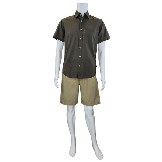 white mannequin wearing army green will button up shirt and taupe brown craig shorts front view on white background