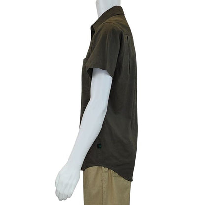 top of white mannequin wearing army green will button up shirt side view on white background