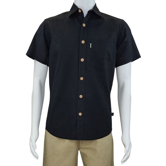 top of white mannequin wearing black will button up shirt front view on white background