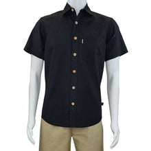 top of white mannequin wearing black will button up shirt front view on white background