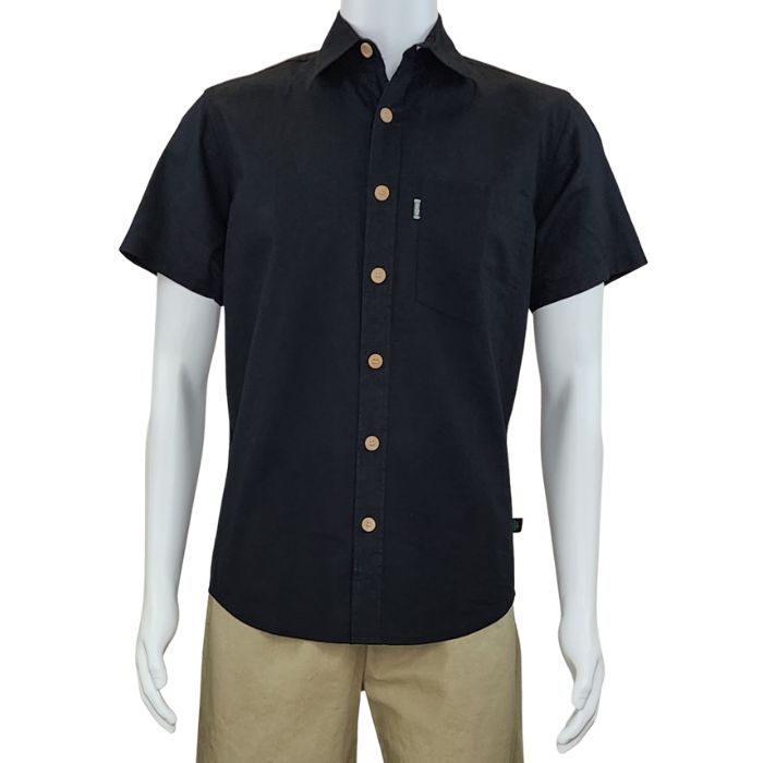 top of white mannequin wearing black will button up shirt front view on white background