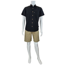 white mannequin wearing black will button up shirt and taupe brown craig shorts front view on white background