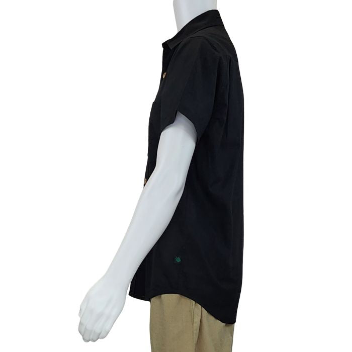 top of white mannequin wearing black will button up shirt side view on white background