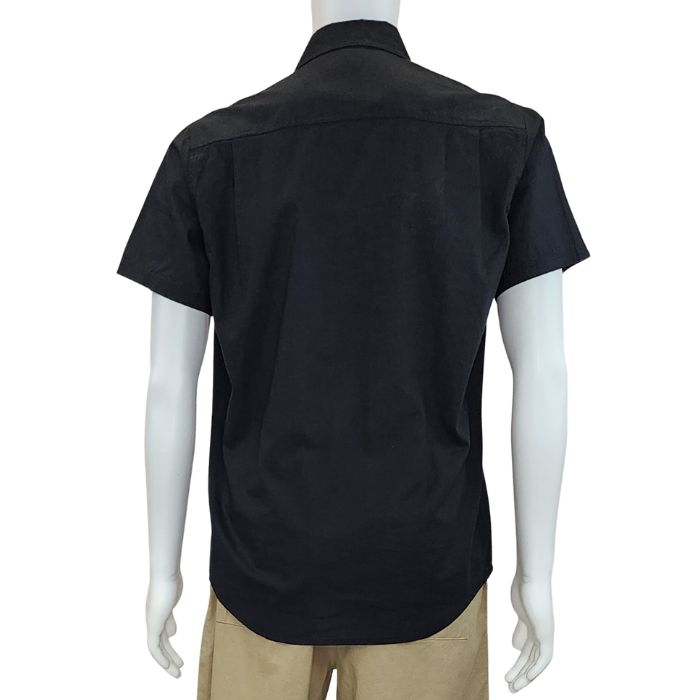 top of white mannequin wearing black will button up shirt back view on white background