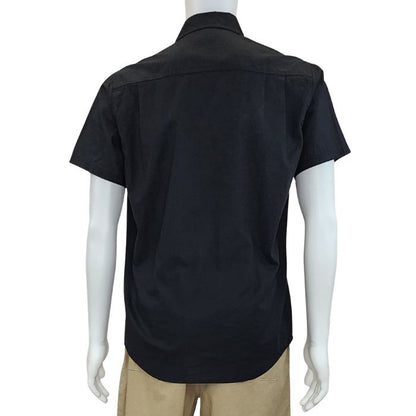 top of white mannequin wearing black will button up shirt back view on white background