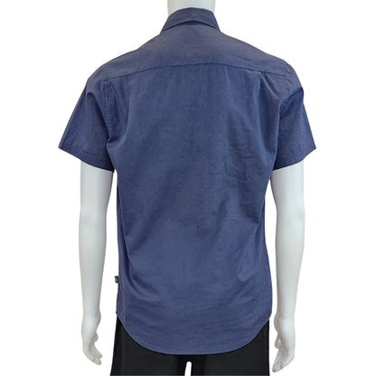 top of white mannequin wearing blue will button up shirt back view on white background