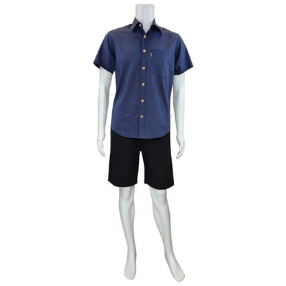 white mannequin wearing blue will button up shirt and black craig shorts front view on white background