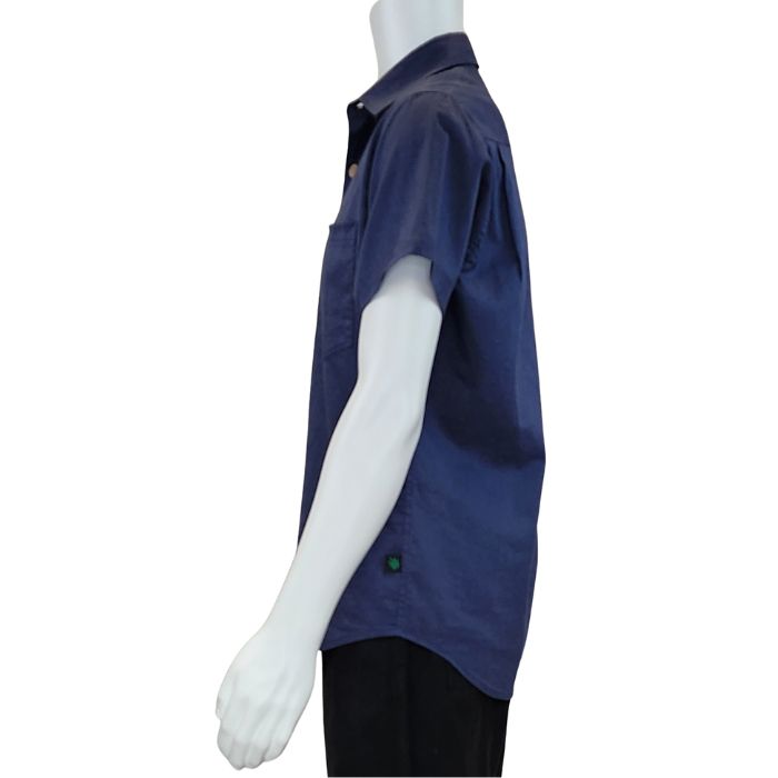 top of white mannequin wearing blue will button up shirt side view on white background