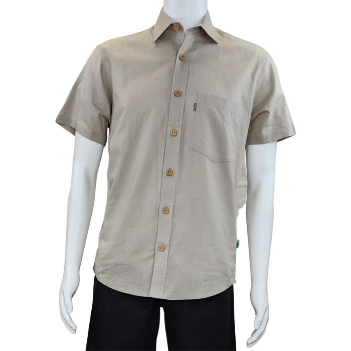 top of white mannequin wearing oatmeal brown will button up shirt front view on white background