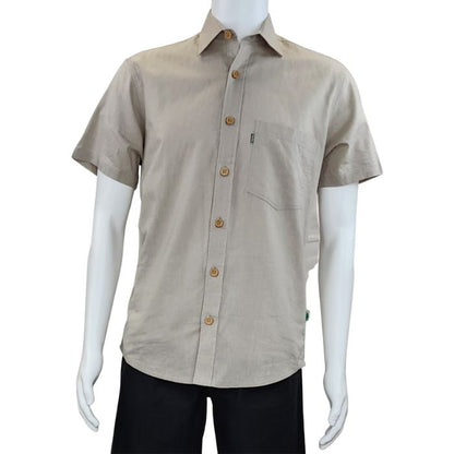 top of white mannequin wearing oatmeal brown will button up shirt front view on white background