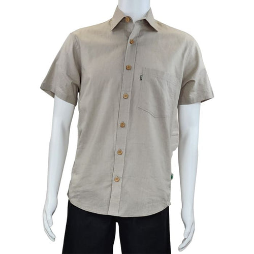 top of white mannequin wearing oatmeal brown will button up shirt front view on white background