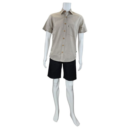 white mannequin wearing oatmeal brown will button up shirt and black craig shorts front view on white background 