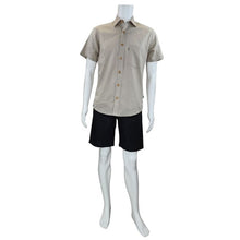 white mannequin wearing oatmeal brown will button up shirt and black craig shorts front view on white background 