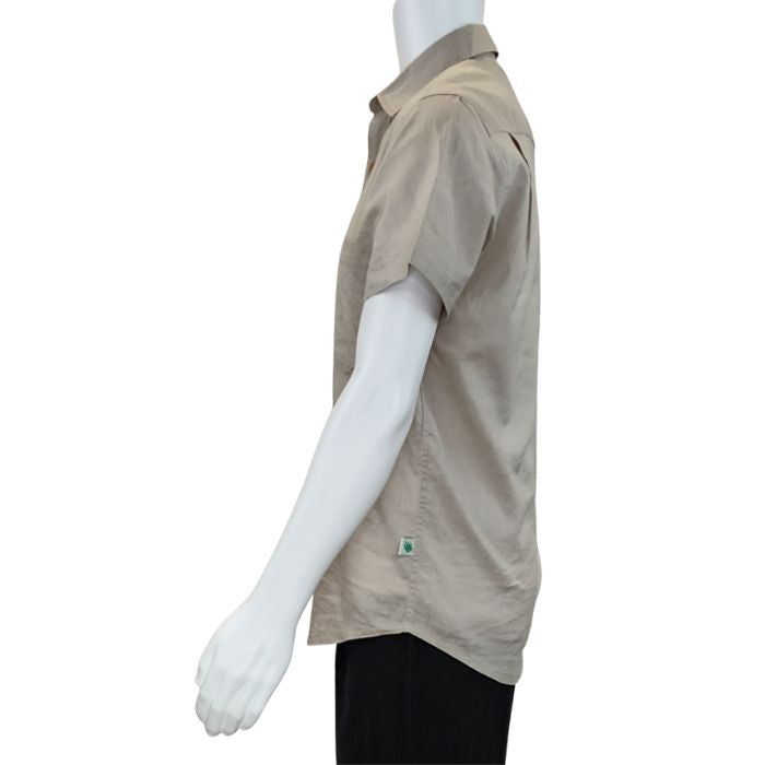 top of white mannequin wearing oatmeal brown will button up shirt back view on white background