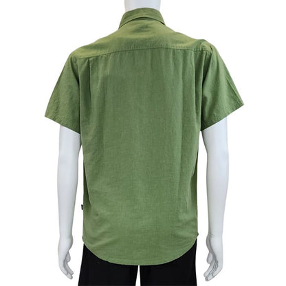 top of white mannequin wearing celery green will button up shirt back  view on white background