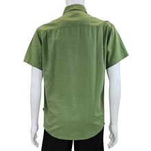 top of white mannequin wearing celery green will button up shirt back  view on white background