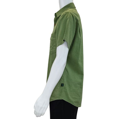 top of white mannequin wearing celery green will button up shirt side view on white background